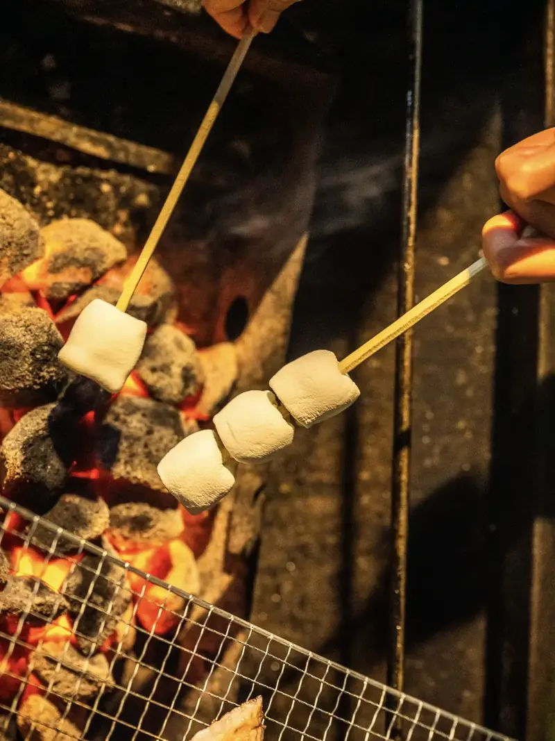 숯불에 마시멜로를 굽는 모습